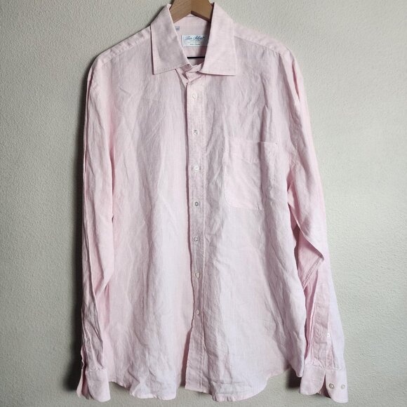 Ben Silver Shirt Mens 17.5-36 Pink Linen Button Down Long Sleeve Dress Pocket - Picture 1 of 10